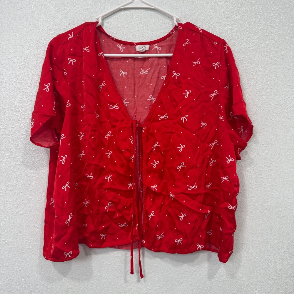 Aerie Red Bow Print Tie Front Top‎ Short Sleeve Viscose Blouse Large